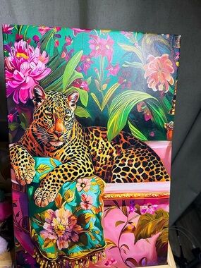 Vibrant Leopard Jungle Canvas Art - Pink, Teal, Green Accents